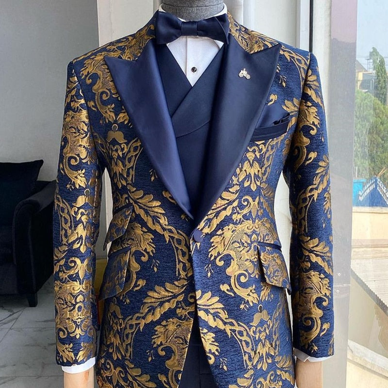 Jacquard Floral Tuxedo Suits for Men Wedding Slim Fit Navy Blue and Gold Gentleman Jacket with Vest Pant 3 Piece Male Costume - Bekro's ART