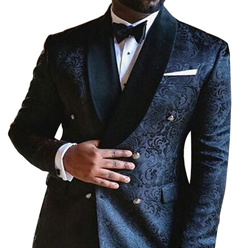 Floral Jacquard Men Suits Slim Fit with Double Breasted Wedding Tuxedo for Groomsmen Black Shawl Lapel Male Fashion Set Costume - Bekro's ART