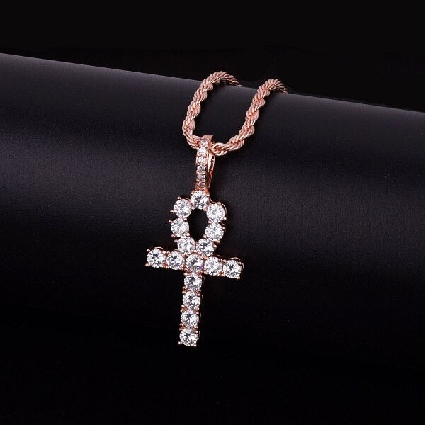 Iced Zircon Ankh Cross Pendant Necklace - Bekro's ART