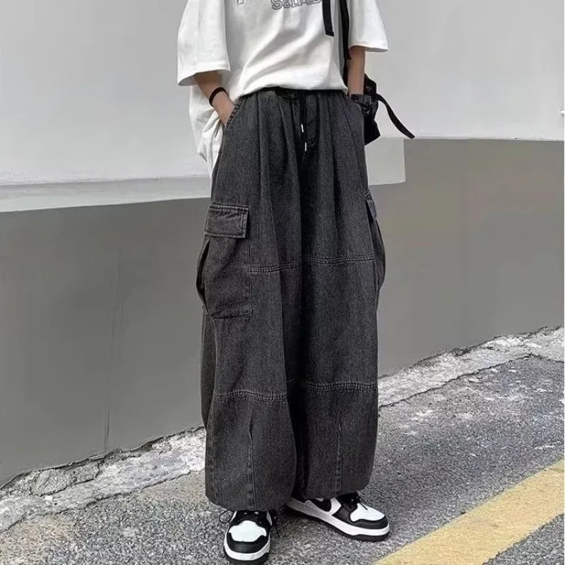 Baggy Wide Leg Big Pockets Elastic Waist Streetwear Loose Denim Pants