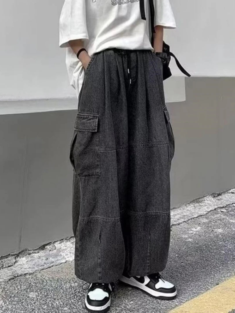 Baggy Wide Leg Big Pockets Elastic Waist Streetwear Loose Denim Pants