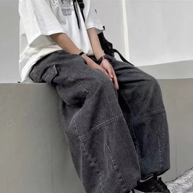 Baggy Wide Leg Big Pockets Elastic Waist Streetwear Loose Denim Pants