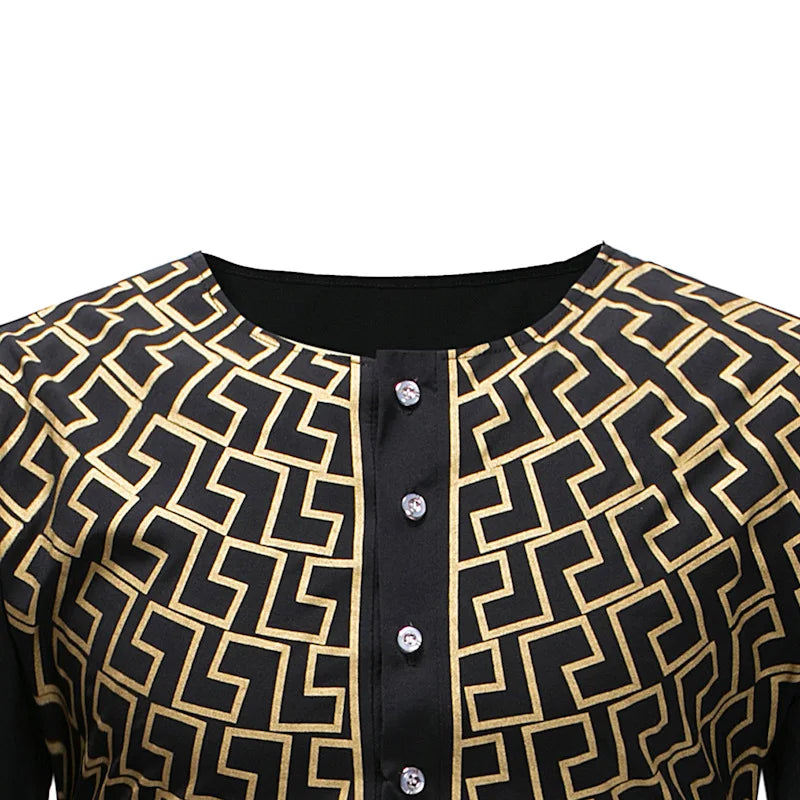 African Ethnic Geo Pattern Longline Tunic Half Button Crew O Neck Nigerian Top