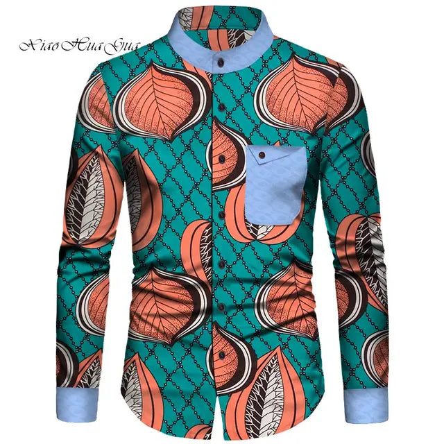 African Bazin Riche Print Casual Long Sleeve Dress Shirt
