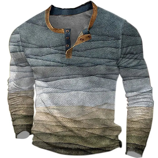 Color Block Henley Gradient Button Down Long Sleeve Streetwear Top