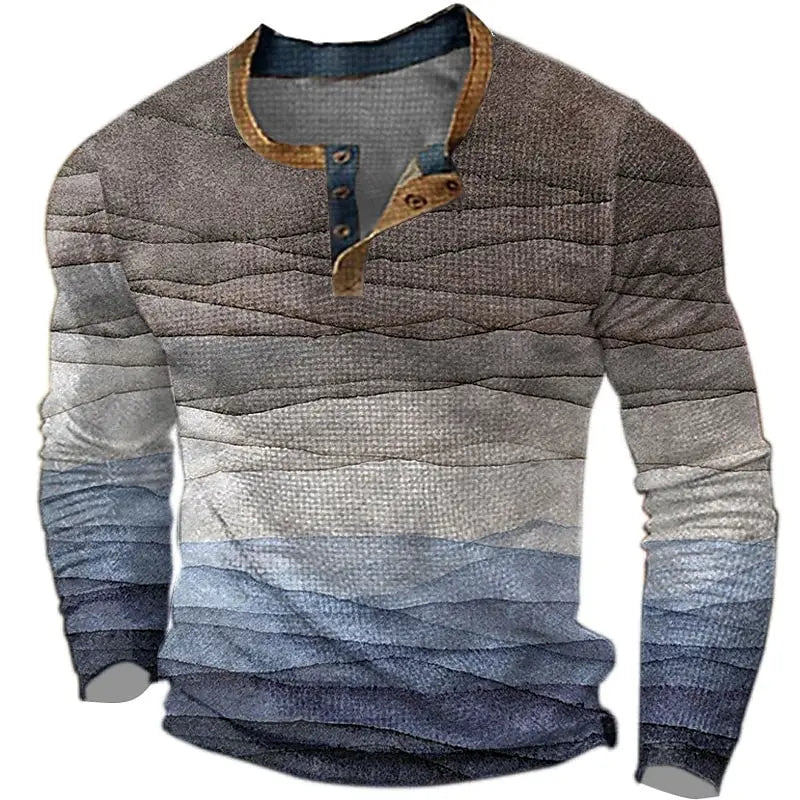 Color Block Henley Gradient Button Down Long Sleeve Streetwear Top