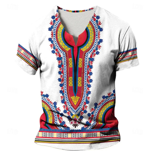 Dashiki Print Ethnic Short Sleeved Oversized Striped Pattern Loose Casual Top