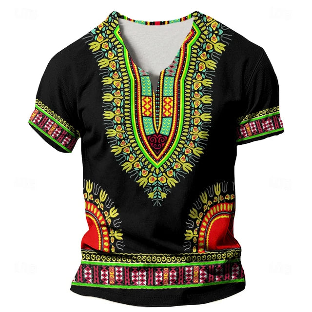 Dashiki Print Ethnic Short Sleeved Oversized Striped Pattern Loose Casual Top