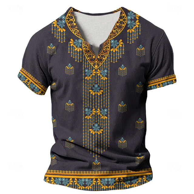 Dashiki Print Ethnic Short Sleeved Oversized Striped Pattern Loose Casual Top