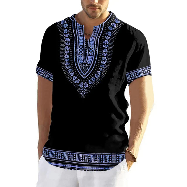 Dashiki Print Ethnic Short Sleeved Oversized Striped Pattern Loose Casual Top