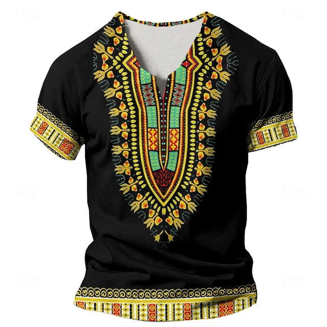 Dashiki Print Ethnic Short Sleeved Oversized Striped Pattern Loose Casual Top