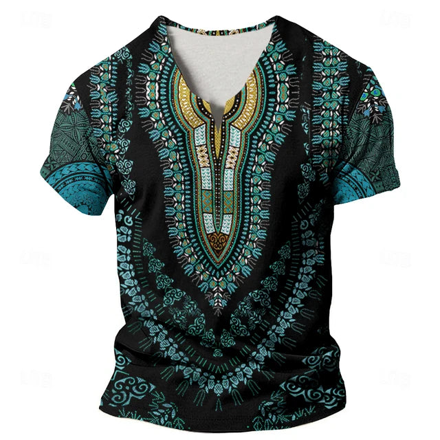 Dashiki Print Ethnic Short Sleeved Oversized Striped Pattern Loose Casual Top