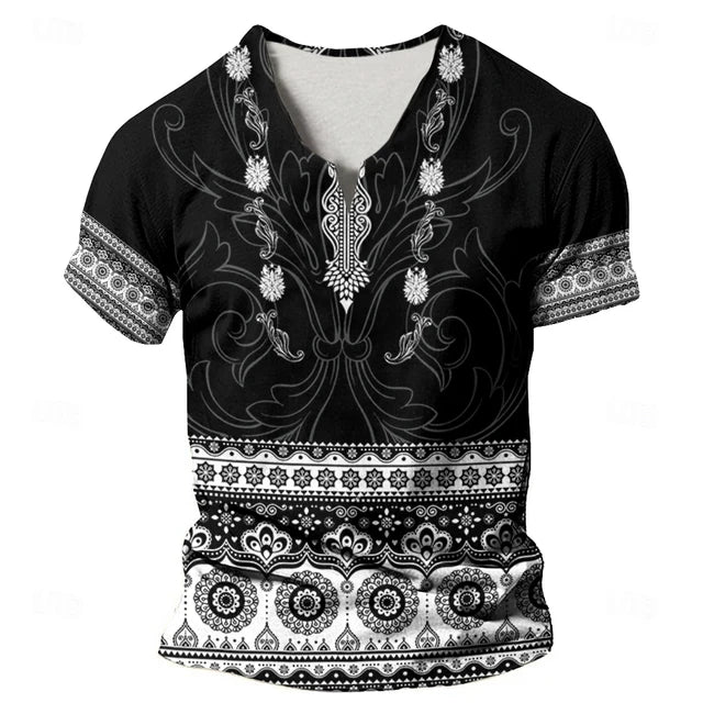 Dashiki Print Ethnic Short Sleeved Oversized Striped Pattern Loose Casual Top