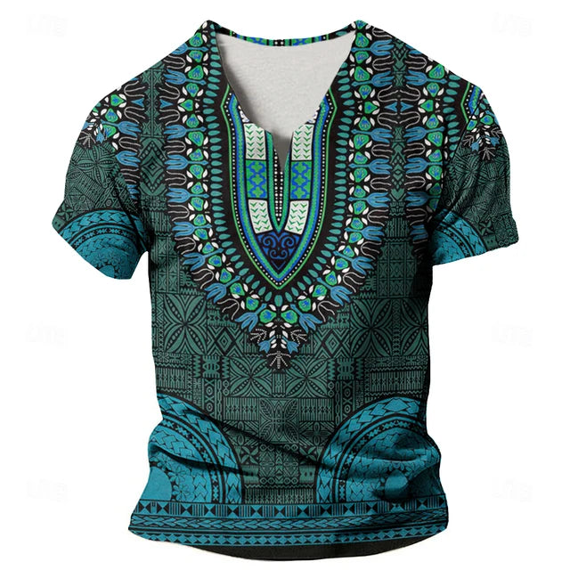 Dashiki Print Ethnic Short Sleeved Oversized Striped Pattern Loose Casual Top