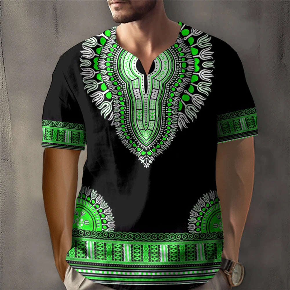 Dashiki Print Ethnic Short Sleeved Oversized Striped Pattern Loose Casual Top