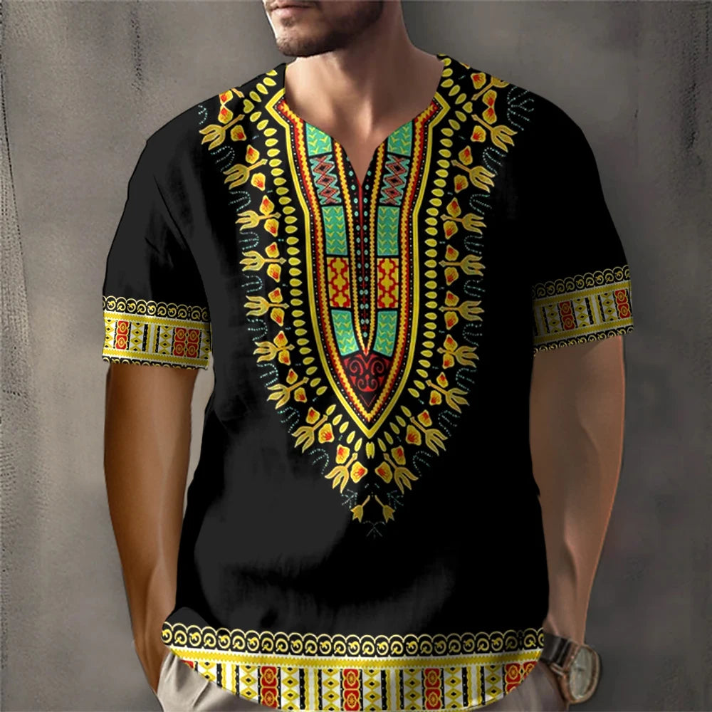 Dashiki Print Ethnic Short Sleeved Oversized Striped Pattern Loose Casual Top