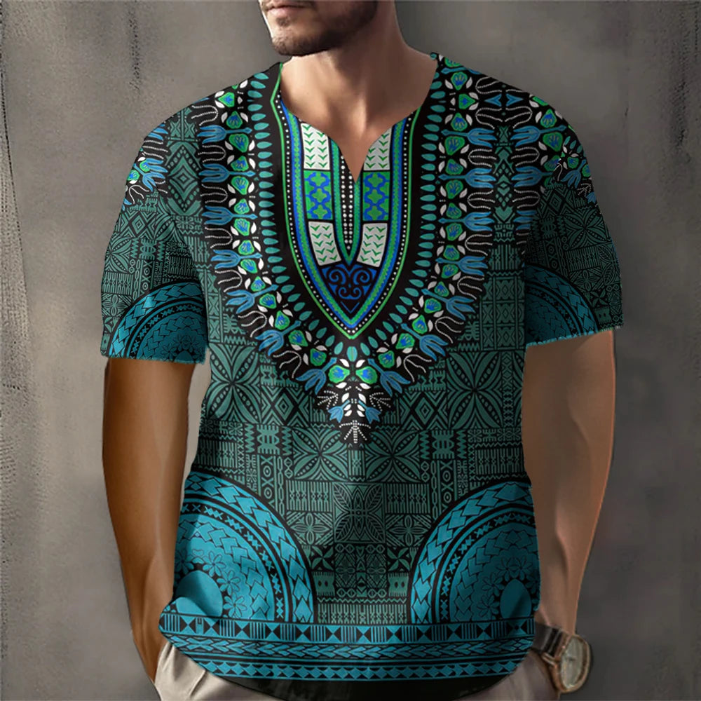 Dashiki Print Ethnic Short Sleeved Oversized Striped Pattern Loose Casual Top