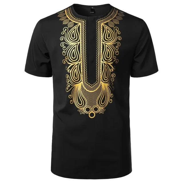 Dashiki Style African Style Gold Stamping Print Casual Short Sleeve Loose Top