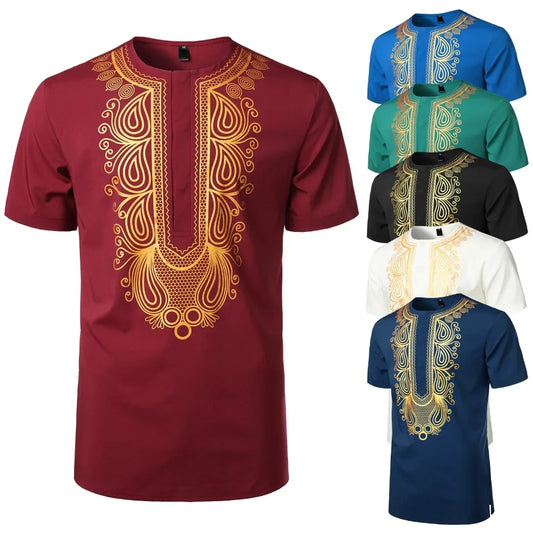 Dashiki Style African Style Gold Stamping Print Casual Short Sleeve Loose Top