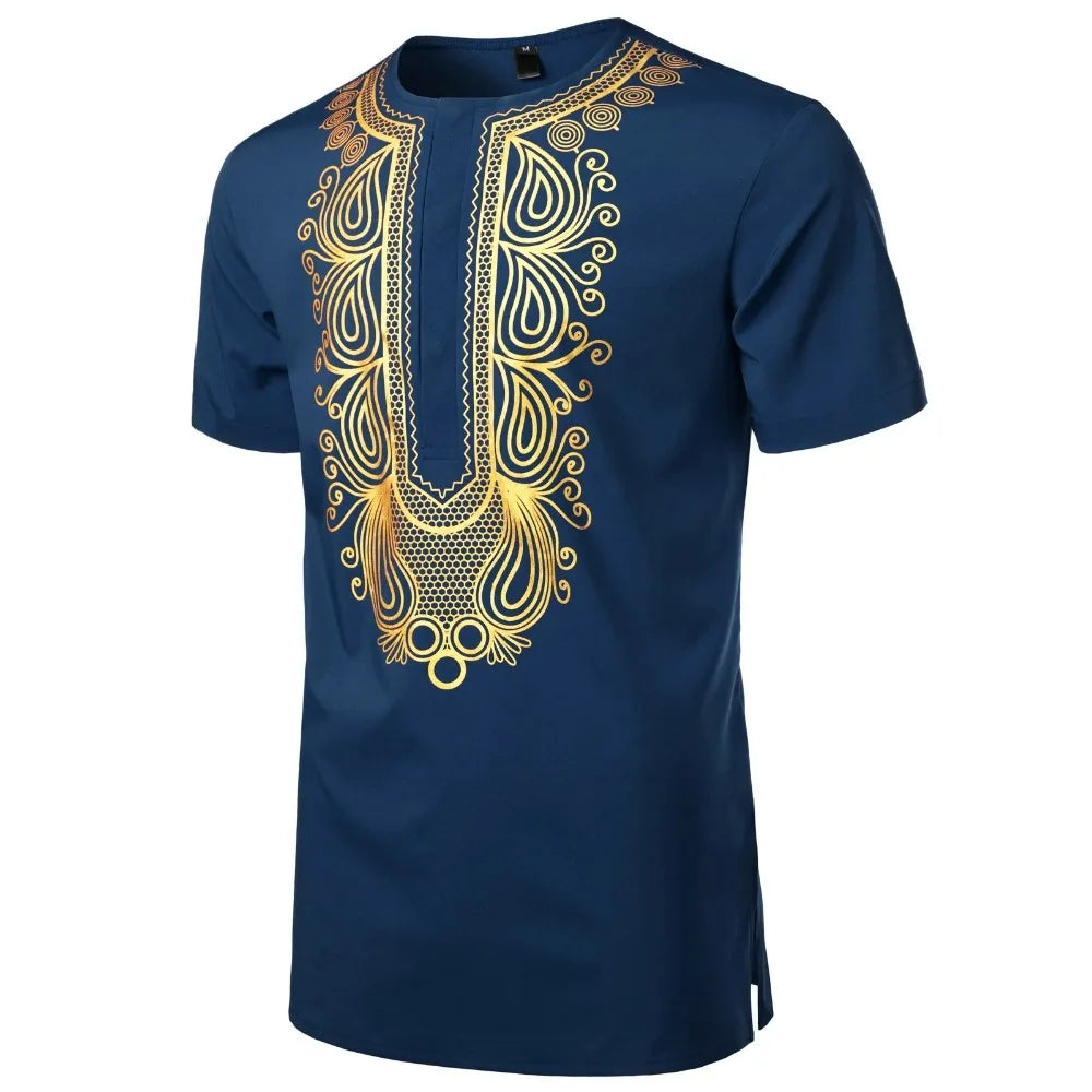 Dashiki Style African Style Gold Stamping Print Casual Short Sleeve Loose Top