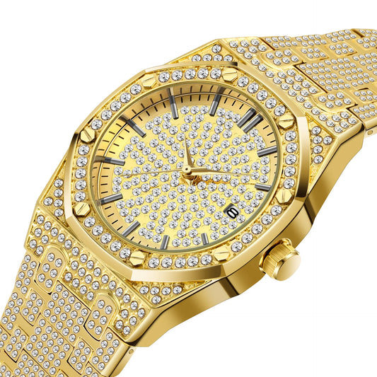 MISSFOX 18K Gold Watch Men Luxury Brand Diamond Men Watches Top Brand FF Iced Out Male Quartz Watch Calender Unique Gift For Men