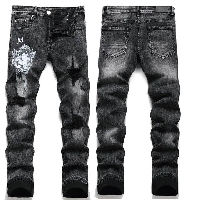 High Street Stretch Embroidered Ripped Streetwear Jeans