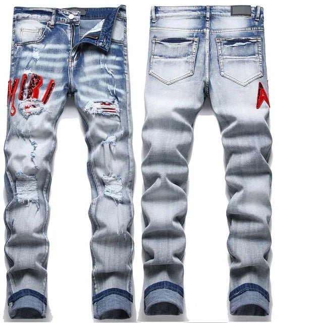 High Street Stretch Embroidered Ripped Streetwear Jeans