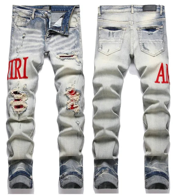 High Street Stretch Embroidered Ripped Streetwear Jeans