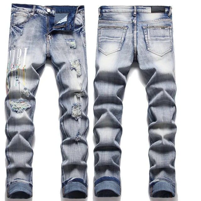 High Street Stretch Embroidered Ripped Streetwear Jeans