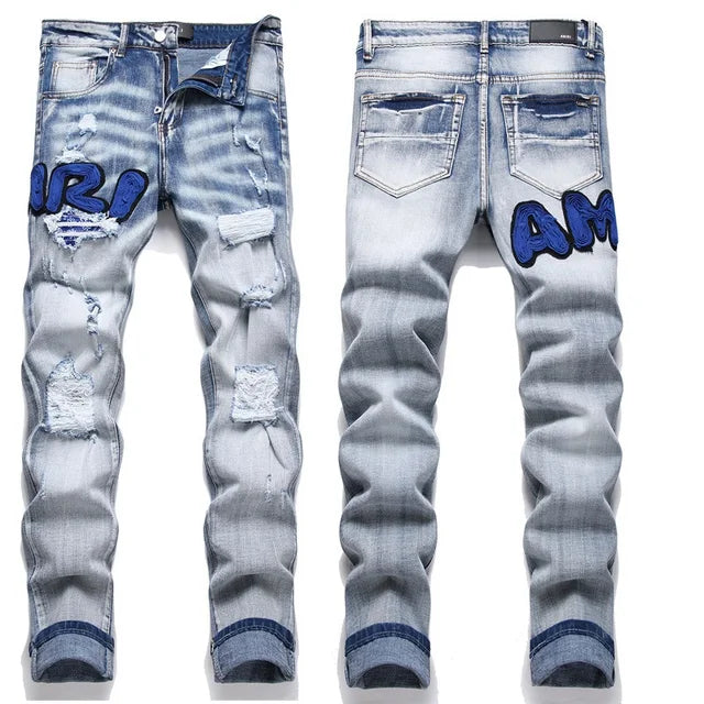 High Street Stretch Embroidered Ripped Streetwear Jeans