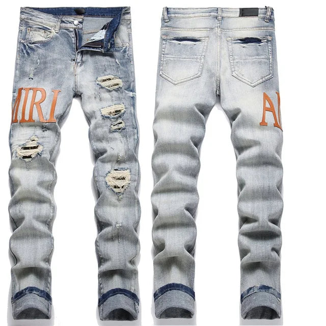 High Street Stretch Embroidered Ripped Streetwear Jeans