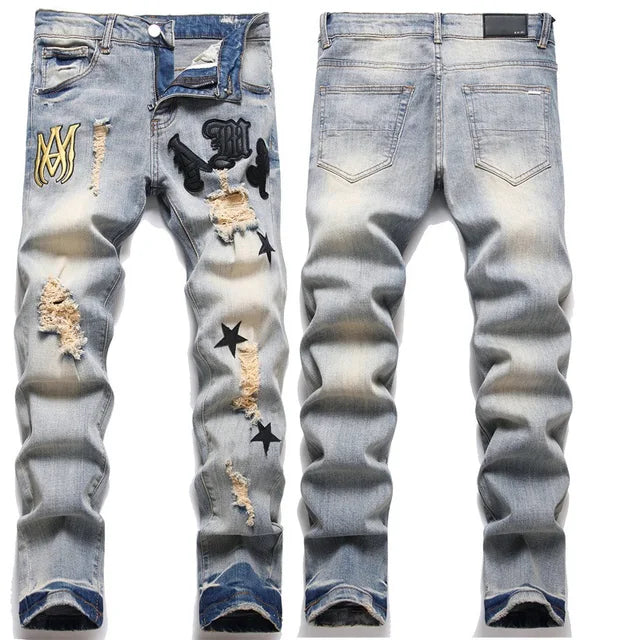 High Street Stretch Embroidered Ripped Streetwear Jeans