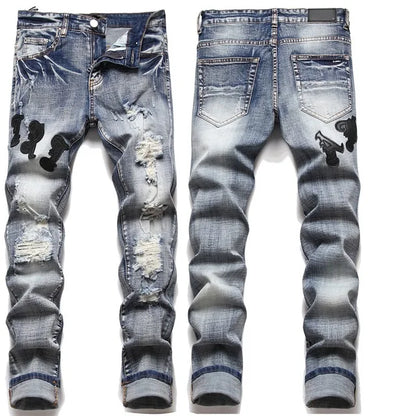 High Street Stretch Embroidered Ripped Streetwear Jeans