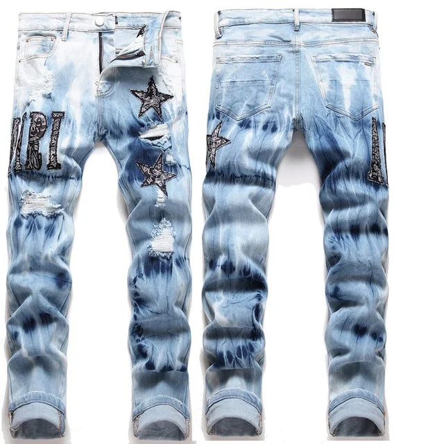 High Street Stretch Embroidered Ripped Streetwear Jeans