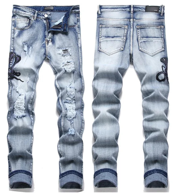 High Street Stretch Embroidered Ripped Streetwear Jeans