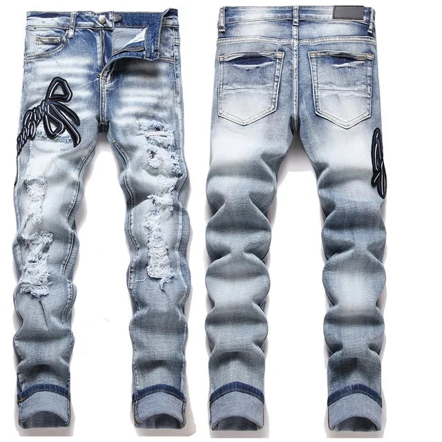 High Street Stretch Embroidered Ripped Streetwear Jeans