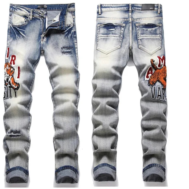 High Street Stretch Embroidered Ripped Streetwear Jeans