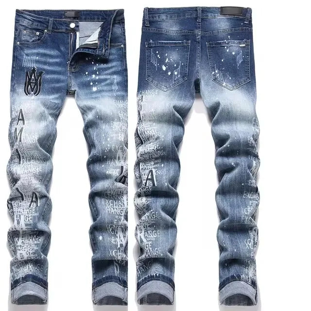 High Street Stretch Embroidered Ripped Streetwear Jeans