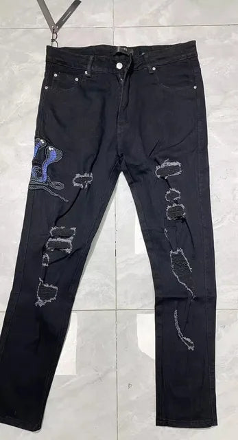 High Street Stretch Embroidered Ripped Streetwear Jeans