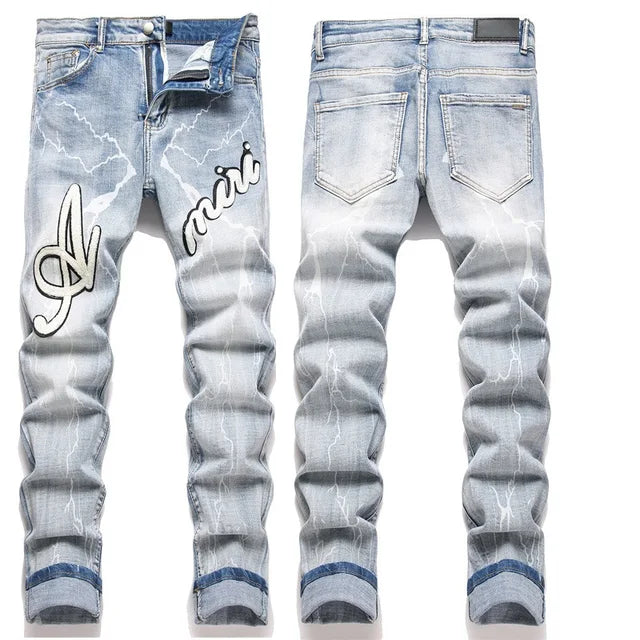 High Street Stretch Embroidered Ripped Streetwear Jeans