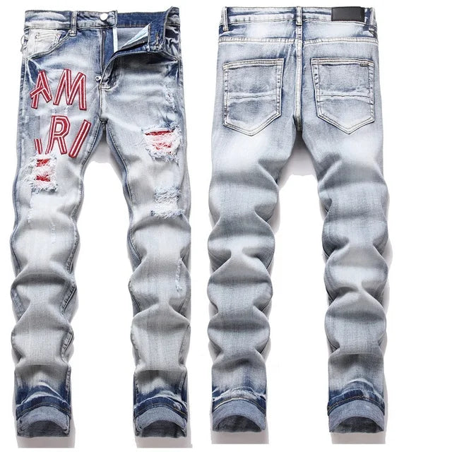 High Street Stretch Embroidered Ripped Streetwear Jeans