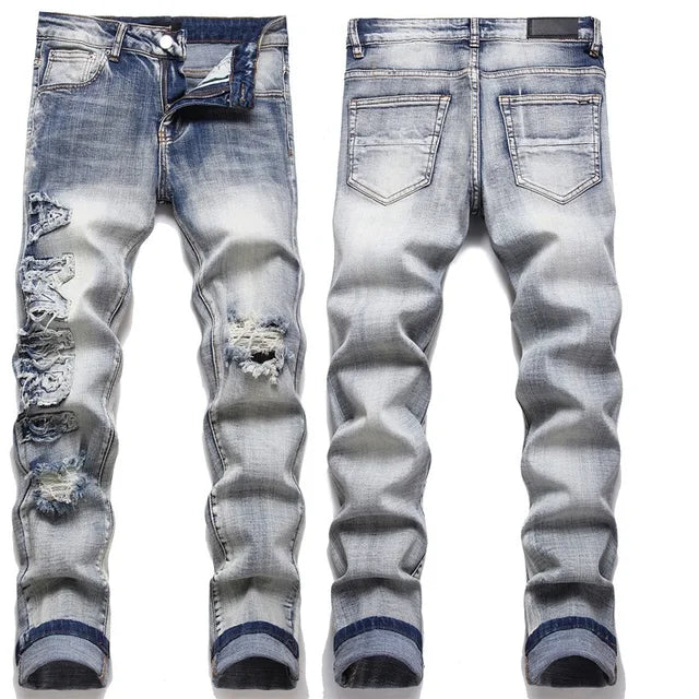 High Street Stretch Embroidered Ripped Streetwear Jeans