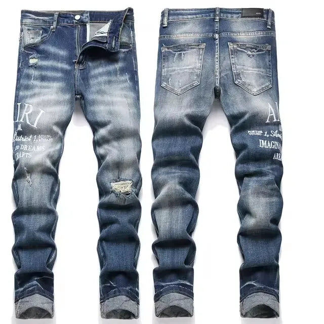 High Street Stretch Embroidered Ripped Streetwear Jeans