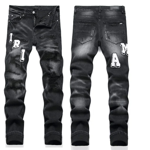 High Street Stretch Embroidered Ripped Streetwear Jeans