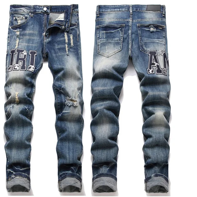 High Street Stretch Embroidered Ripped Streetwear Jeans