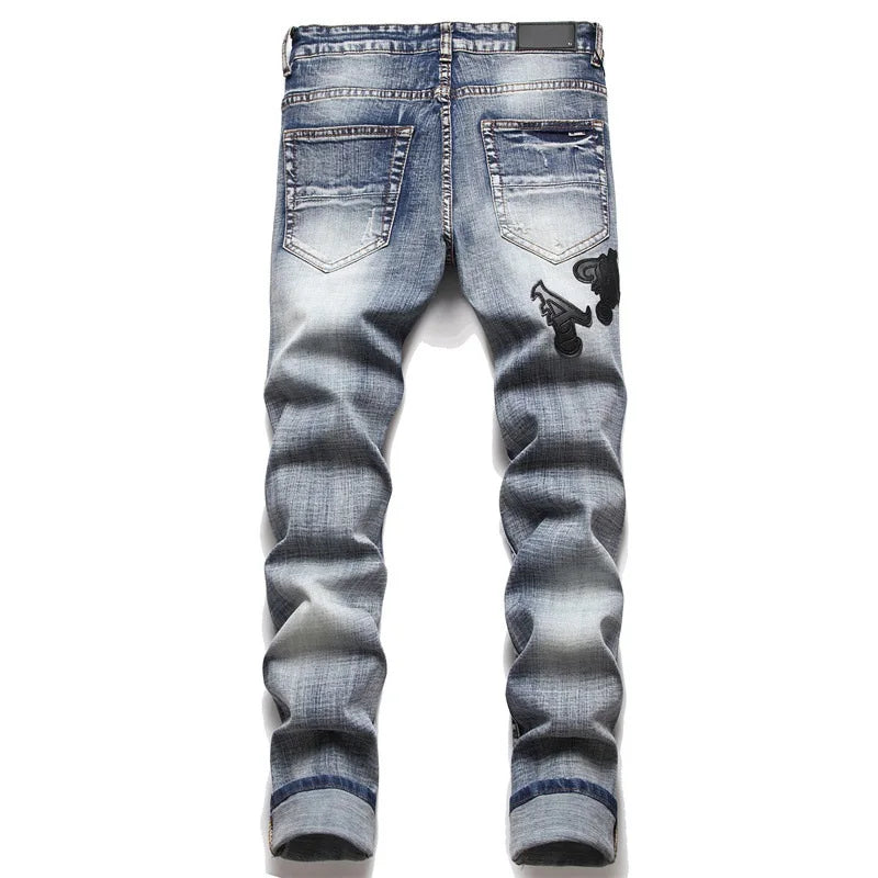 High Street Stretch Embroidered Ripped Streetwear Jeans