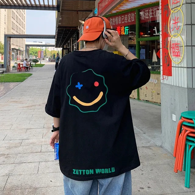 Hip Hop Oversize Cartoon Print Short Sleeve Cotton Loose Streetwear Top