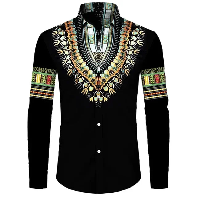 African Dashiki Collar Button Up Shirt Casual Long Sleeved Ethnic Style Street Shirt