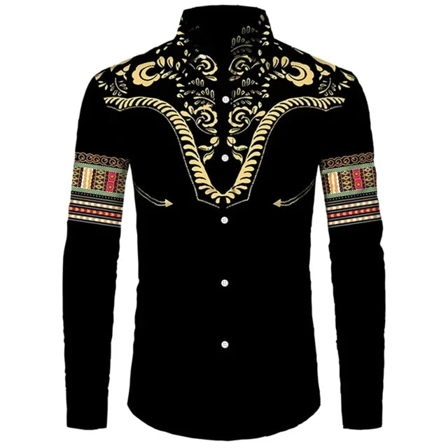 African Dashiki Collar Button Up Shirt Casual Long Sleeved Ethnic Style Street Shirt