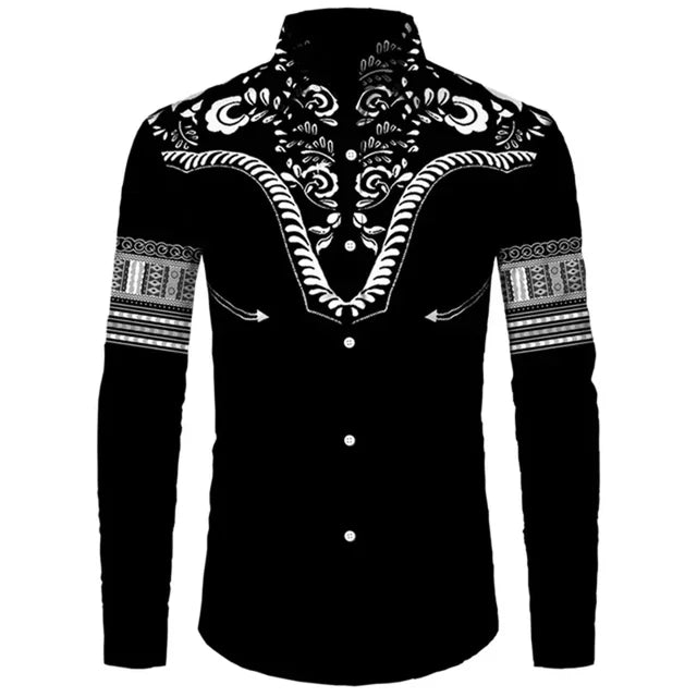 African Dashiki Collar Button Up Shirt Casual Long Sleeved Ethnic Style Street Shirt